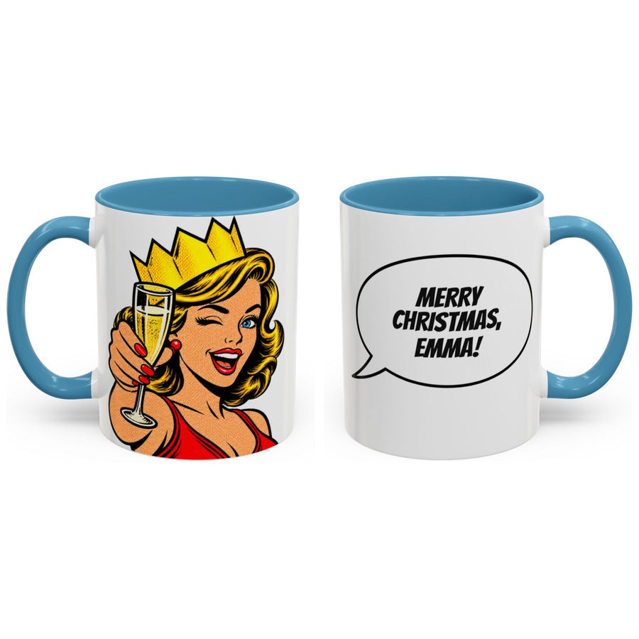 MERRY CHRISTMAS, [Name]! mug, 11oz white ceramic, light blue handle and interior, handle right