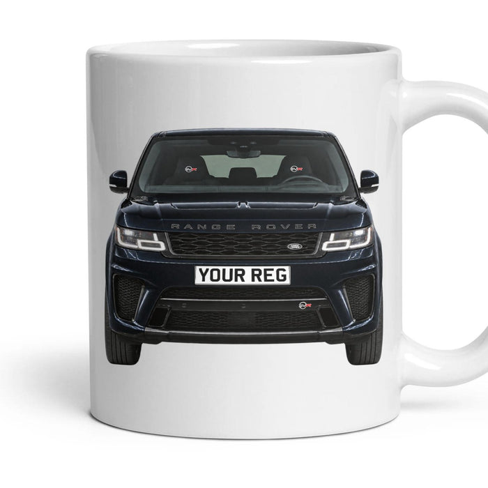 Range Rover Sport SVR Personalised Number Plate Mug - Santorini Black - Front & Rear mug, 11oz white ceramic, Santorini Black, handle right