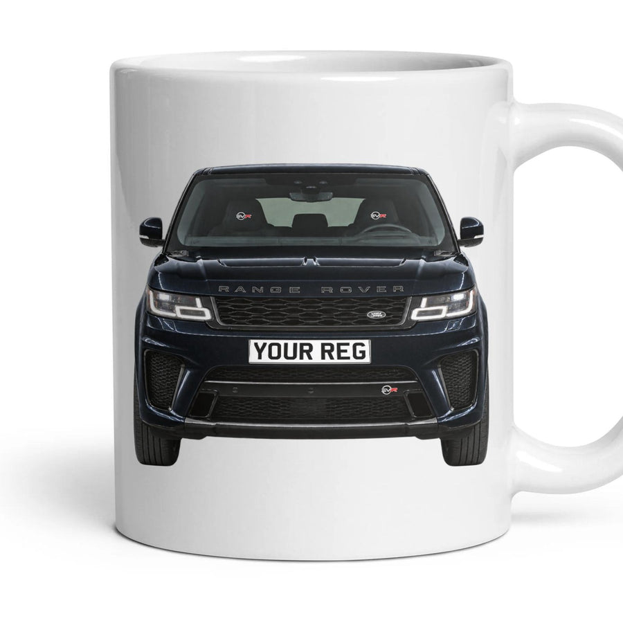Range Rover Sport SVR Personalised Number Plate Mug - Santorini Black - Front & Rear mug, 11oz white ceramic, Santorini Black, handle right