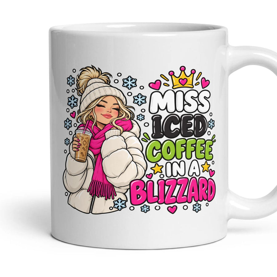 Miss Iced Coffee In A Blizzard mug, 11oz white ceramic, handle right