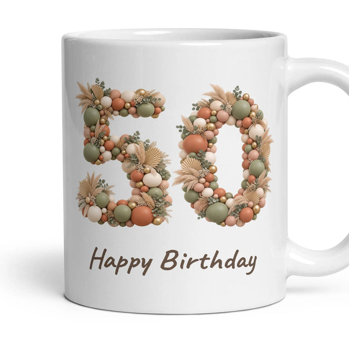 Boho Sage Balloon Birthday Mug mug, 11oz white ceramic, 50th, handle right