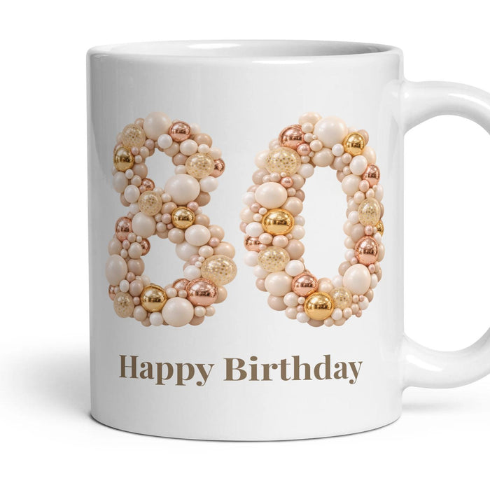 Chrome & Ivory Balloon Birthday Mug mug, 11oz white ceramic, 80th, handle right