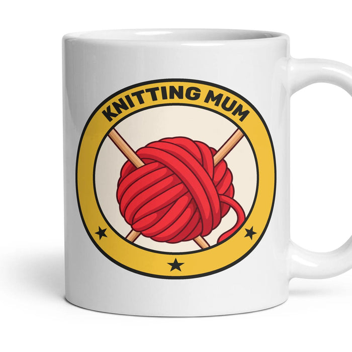 Knitting Mum mug, 11oz white ceramic, handle right
