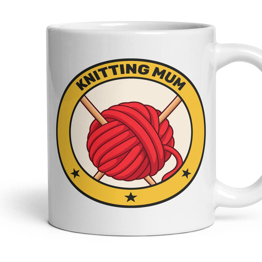 Knitting Mum mug, 11oz white ceramic, handle right