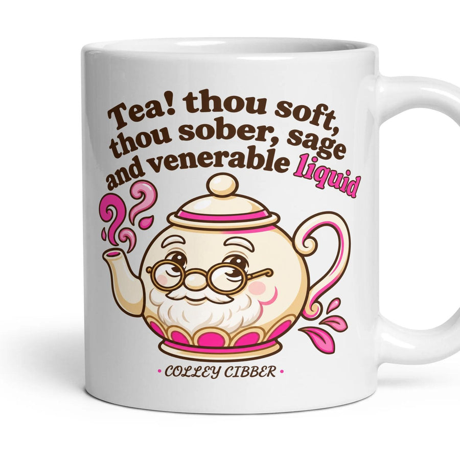 Tea! thou soft, thou sober, sage and venerable liquid mug, 11oz white ceramic, handle right