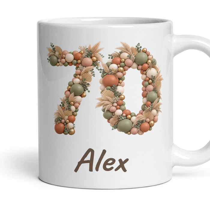 Personalised 70th Birthday Balloon Mug mug, 11oz white ceramic, Boho Sage & Terracotta, handle right