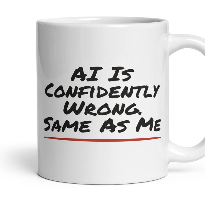 AI Is Confidently Wrong. Same As Me mug, 11oz white ceramic, handle right