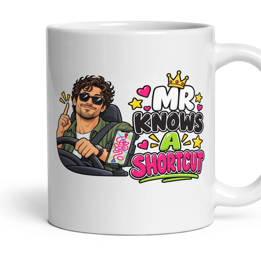 Mr Knows A Shortcut mug, 11oz white ceramic, handle right