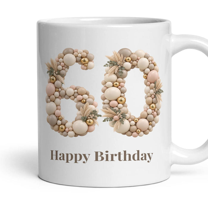Neutral Garland Balloon Birthday Mug mug, 11oz white ceramic, 60th, handle right