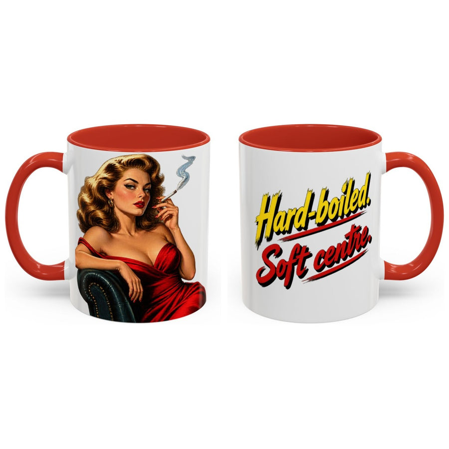 Hard-boiled. Soft centre. mug, 11oz white ceramic, red handle and interior, handle right