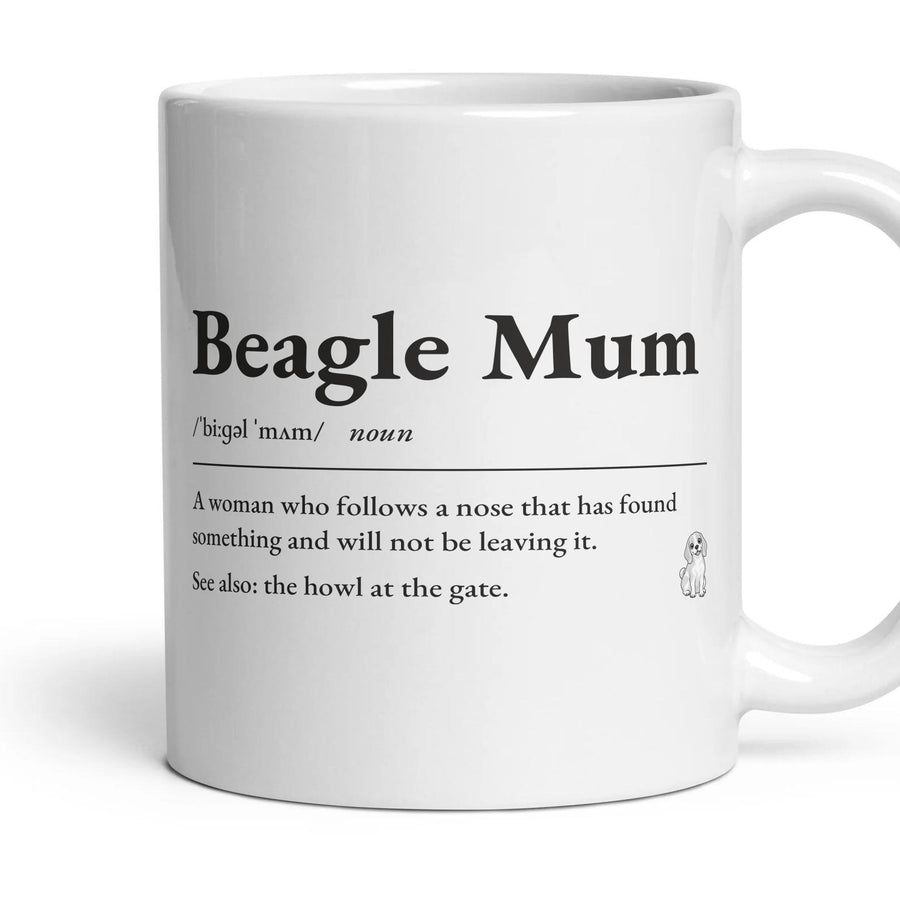 Beagle Mum mug, 11oz white ceramic, Lemon & White, handle right