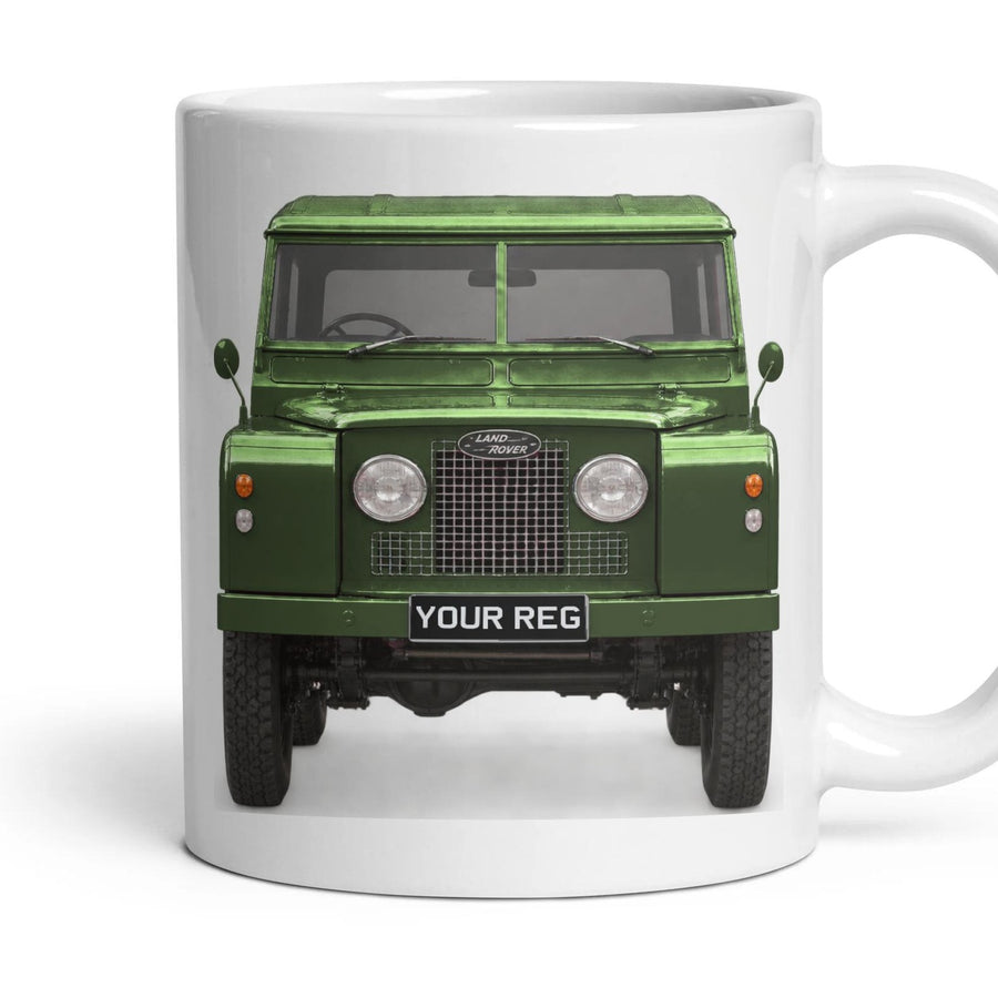 Land Rover Series I Personalised Number Plate Mug - Deep Bronze Green - Front & Rear mug, 11oz white ceramic, Deep Bronze Green, handle right