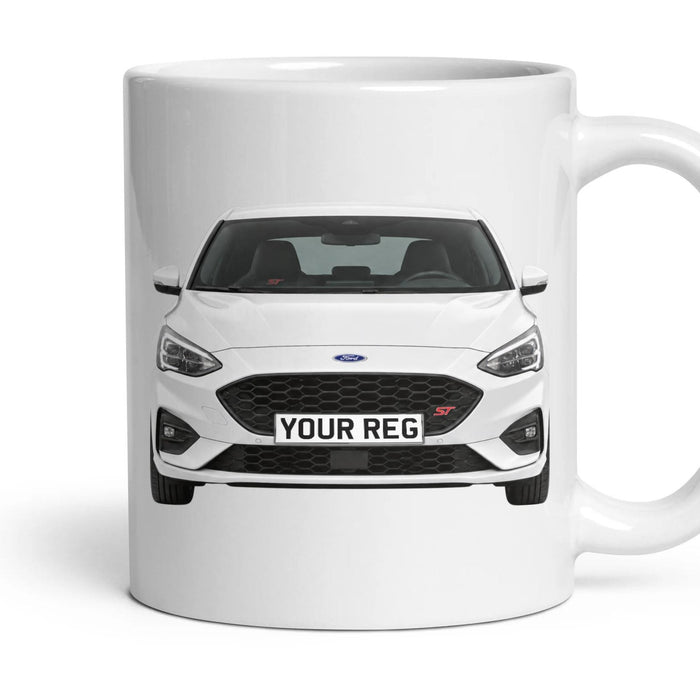 Ford Focus ST Personalised Number Plate Mug - Frozen White - Front & Rear mug, 11oz white ceramic, Frozen White, handle right