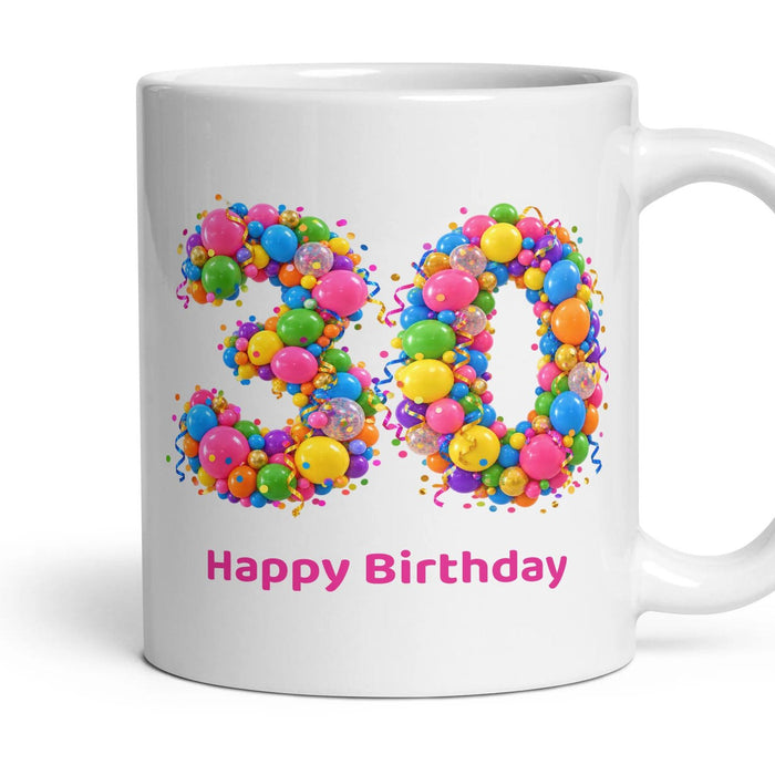 Party Balloon Birthday Mug mug, 11oz white ceramic, 30th, handle right
