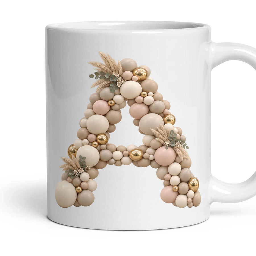 Neutral Garland Balloon Initial Mug mug, 11oz white ceramic, handle right