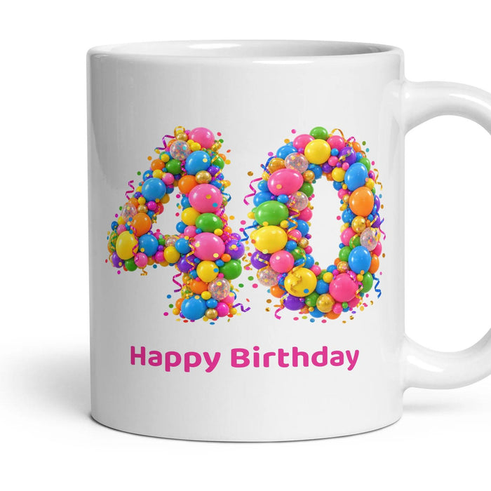 Party Balloon Birthday Mug mug, 11oz white ceramic, 40th, handle right