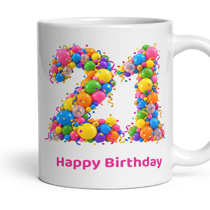 Party Balloon Birthday Mug mug, 11oz white ceramic, 21st, handle right