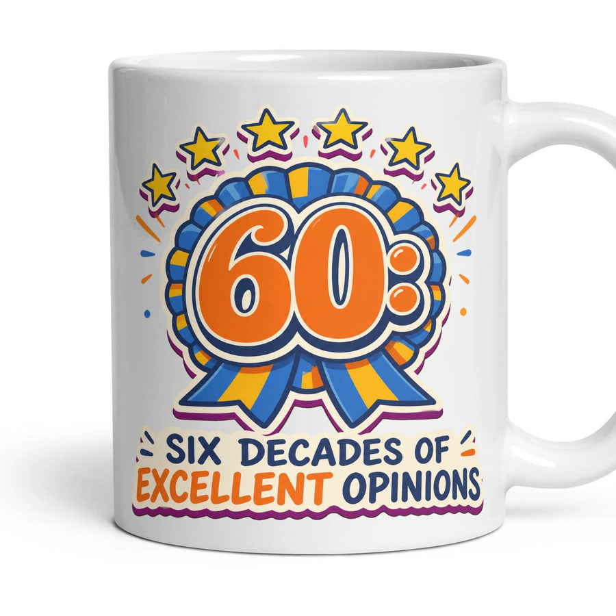 60: Six Decades of Excellent Opinions mug, 11oz white ceramic, handle right