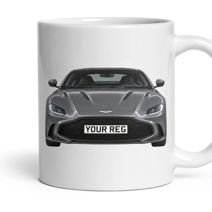 Aston Martin Vantage Personalised Number Plate Mug - China Grey - Front & Rear mug, 11oz white ceramic, China Grey, handle right