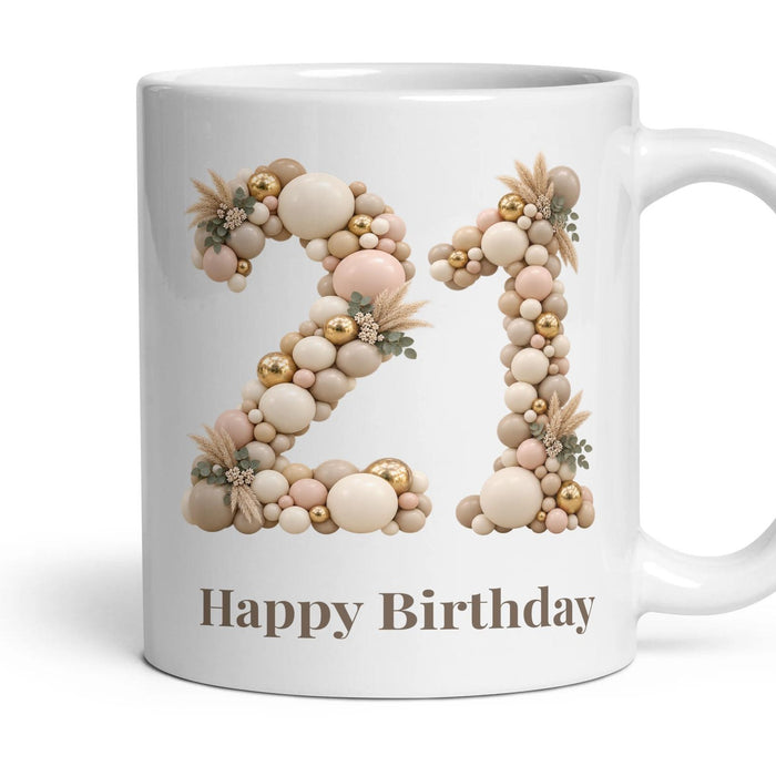 Neutral Garland Balloon Birthday Mug mug, 11oz white ceramic, 21st, handle right