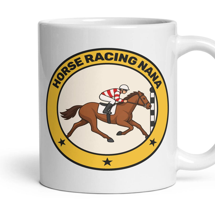 Horse Racing Nana mug, 11oz white ceramic, handle right
