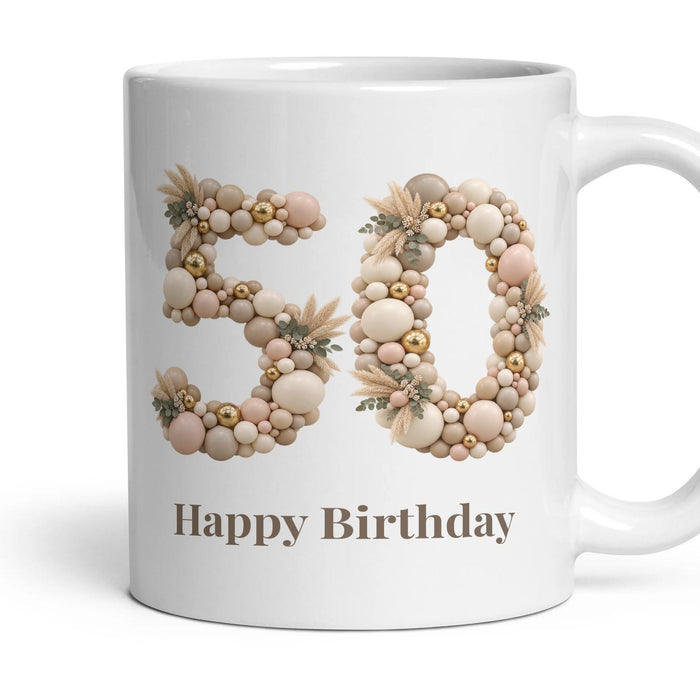 Neutral Garland Balloon Birthday Mug mug, 11oz white ceramic, 50th, handle right
