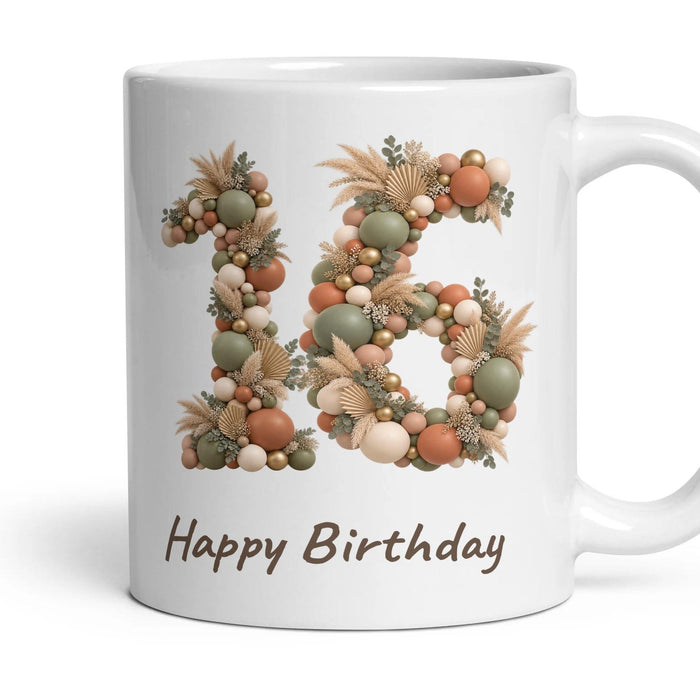 Boho Sage Balloon Birthday Mug mug, 11oz white ceramic, 16th, handle right