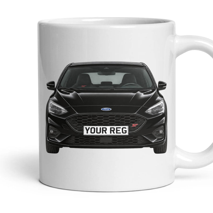 Ford Focus ST Personalised Number Plate Mug - Shadow Black - Front & Rear mug, 11oz white ceramic, Shadow Black, handle right