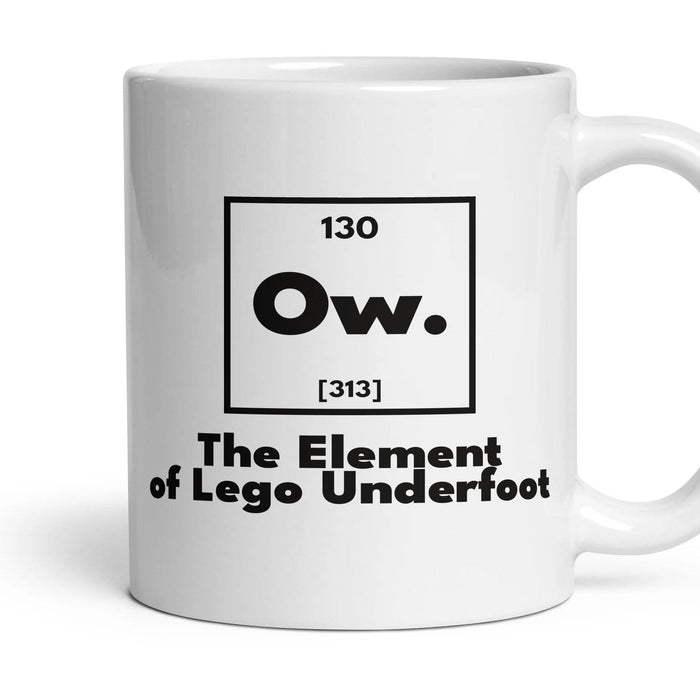 Ow. The Element of Lego Underfoot mug, 11oz white ceramic, handle right