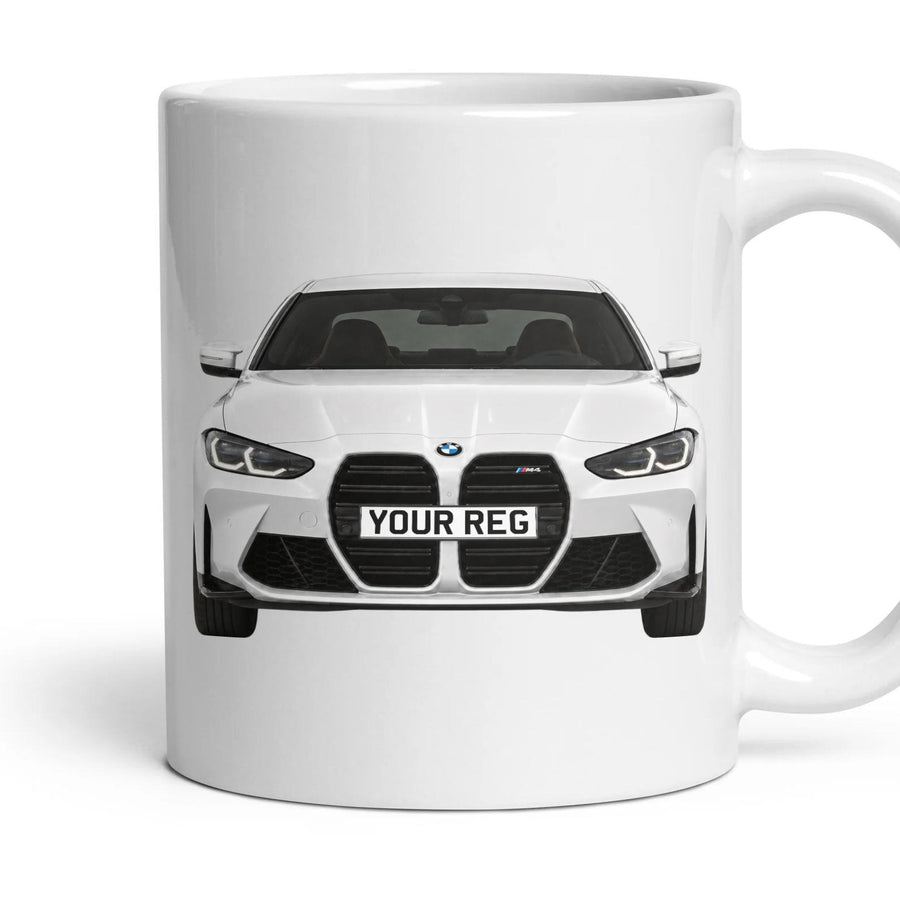 BMW M4 Personalised Number Plate Mug - Alpine White - Front & Rear mug, 11oz white ceramic, Alpine White, handle right
