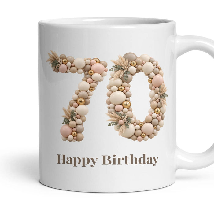 Neutral Garland Balloon Birthday Mug mug, 11oz white ceramic, 70th, handle right