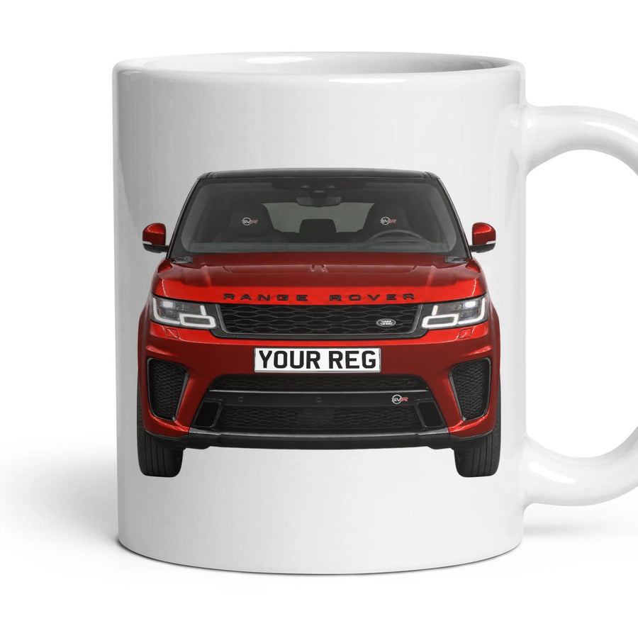 Range Rover Sport SVR Personalised Number Plate Mug - Firenze Red - Front & Rear mug, 11oz white ceramic, Firenze Red, handle right