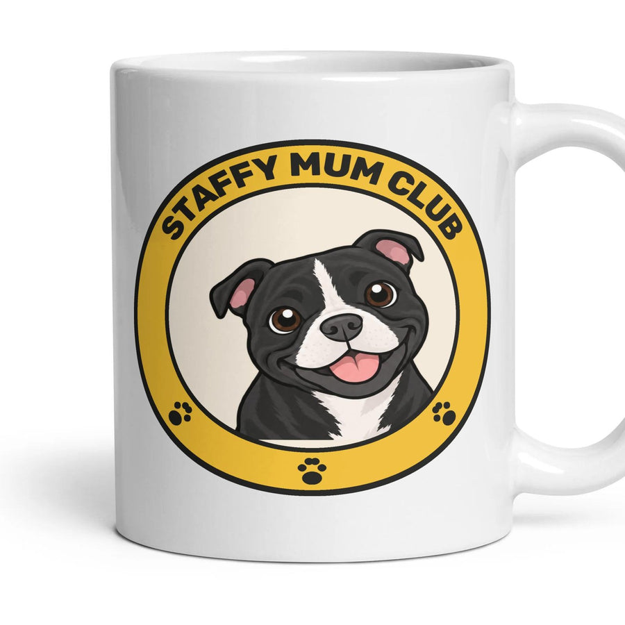 Staffy Mum Club mug, 11oz white ceramic, Black & White, handle right