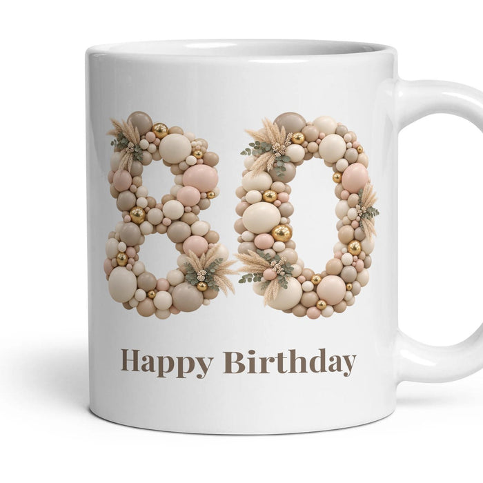 Neutral Garland Balloon Birthday Mug mug, 11oz white ceramic, 80th, handle right