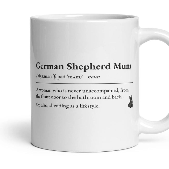 German Shepherd Mum mug, 11oz white ceramic, All Black, handle right