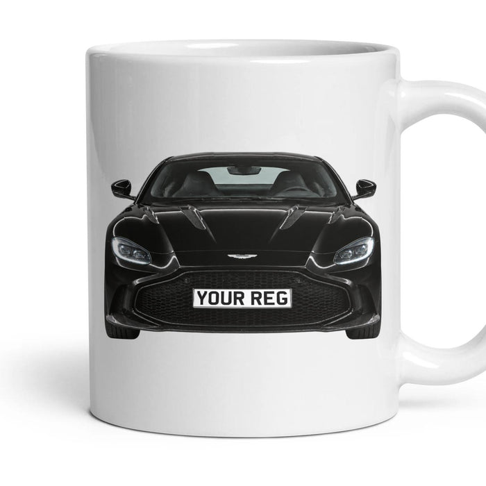 Aston Martin Vantage Personalised Number Plate Mug - Onyx Black - Front & Rear mug, 11oz white ceramic, Onyx Black, handle right