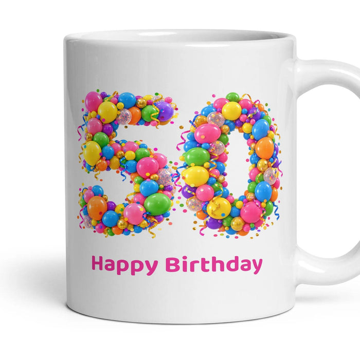 Party Balloon Birthday Mug mug, 11oz white ceramic, 50th, handle right
