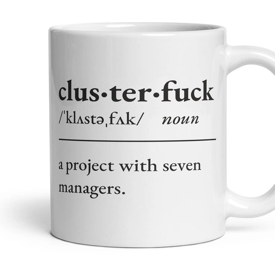 Clusterfuck mug, 11oz white ceramic, handle right