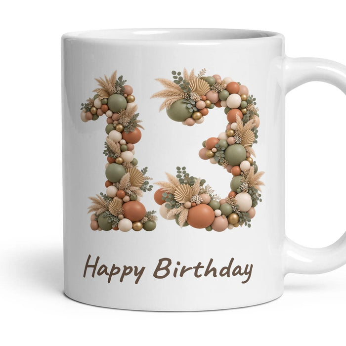 Boho Sage Balloon Birthday Mug mug, 11oz white ceramic, 13th, handle right
