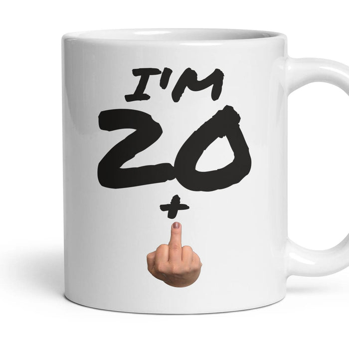 20 + Finger — 21st Birthday Mug, Rude Gift mug, 11oz white ceramic, handle right