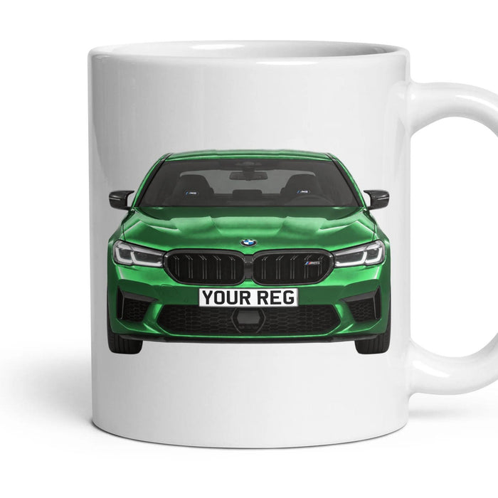 BMW M5 Competition Personalised Number Plate Mug - Isle of Man Green - Front & Rear mug, 11oz white ceramic, Isle of Man Green, handle right