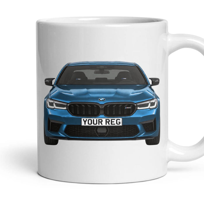BMW M5 Competition Personalised Number Plate Mug - Marina Bay Blue - Front & Rear mug, 11oz white ceramic, Marina Bay Blue, handle right