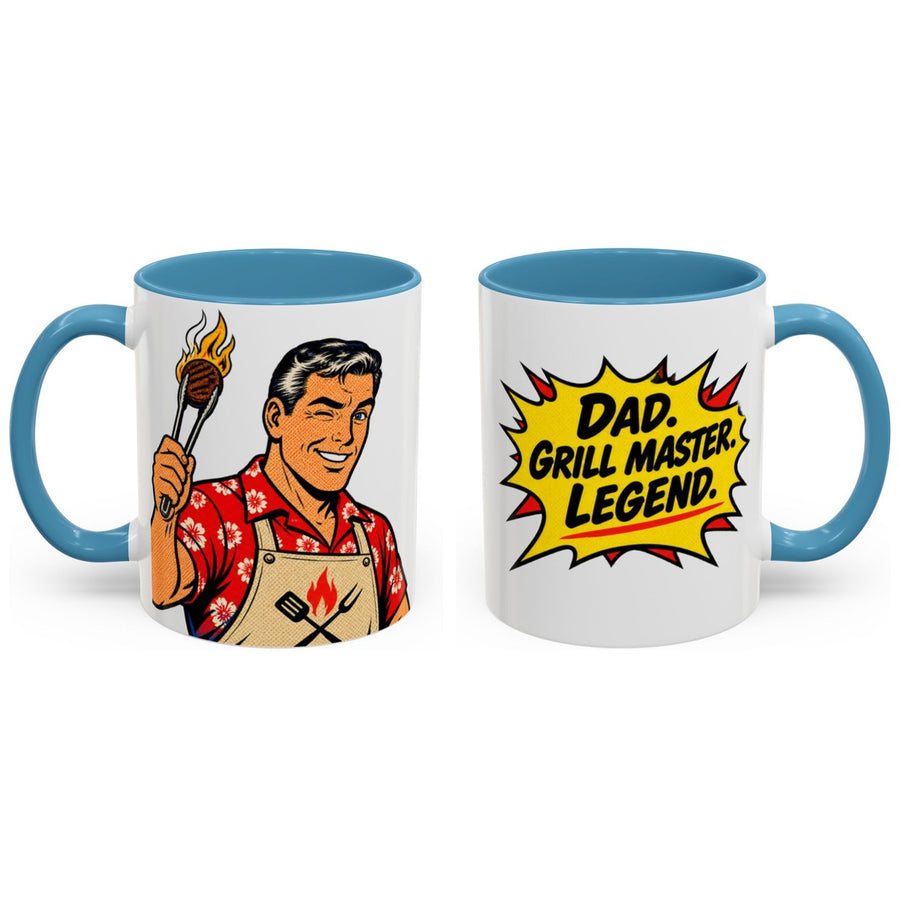 Dad. Grill master. Legend. mug, 11oz white ceramic, light blue handle and interior, handle right