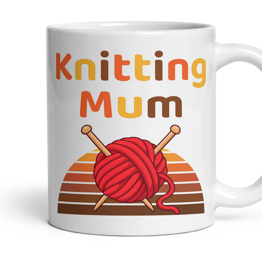 Knitting Mum mug, 11oz white ceramic, handle right