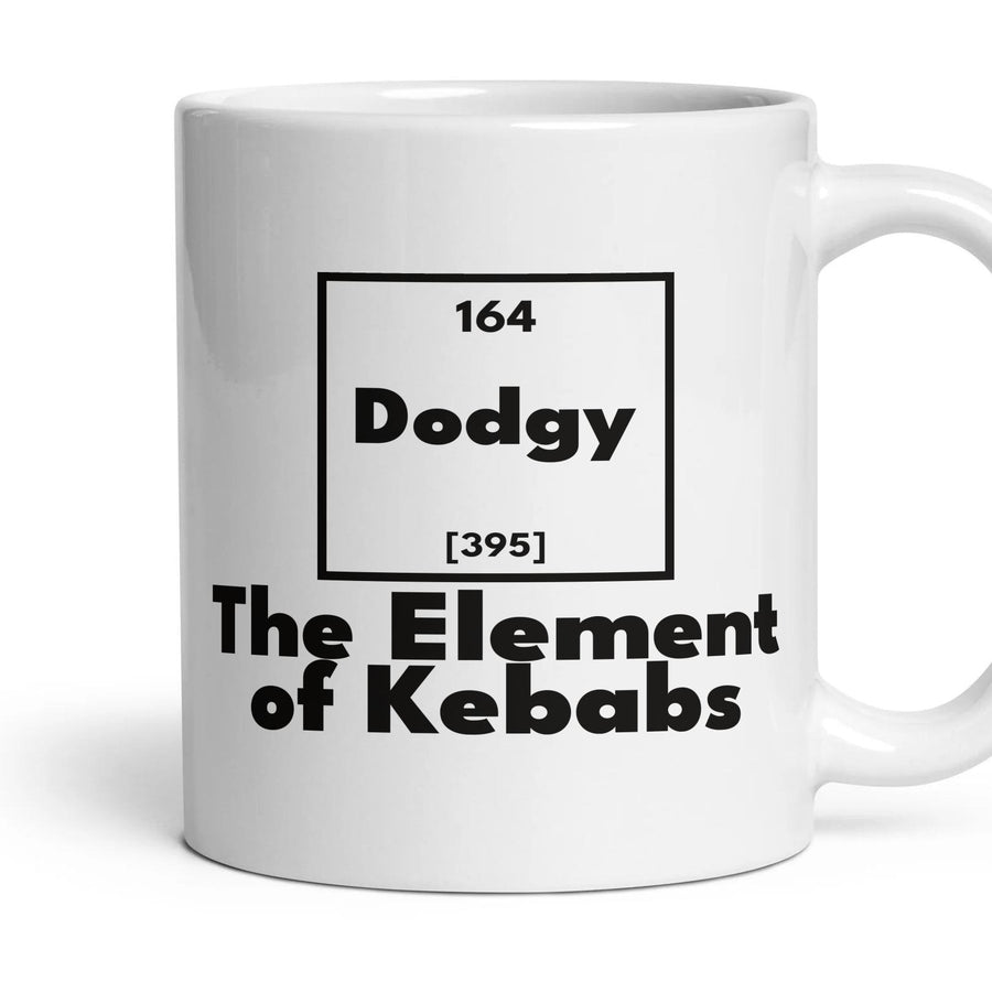 Dodgy The Element of Kebabs mug, 11oz white ceramic, handle right