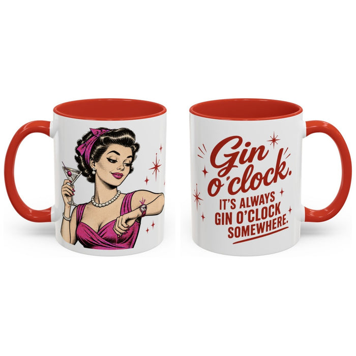Gin o'clock. It's always gin o'clock somewhere. mug, 11oz white ceramic, red handle and interior, handle right