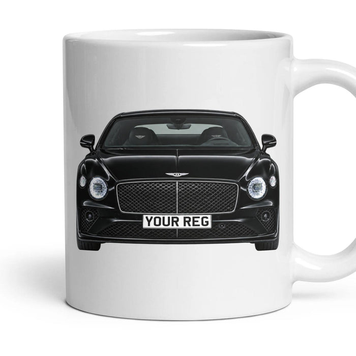 Bentley Continental GT Personalised Number Plate Mug - Beluga Black - Front & Rear mug, 11oz white ceramic, Beluga Black, handle right