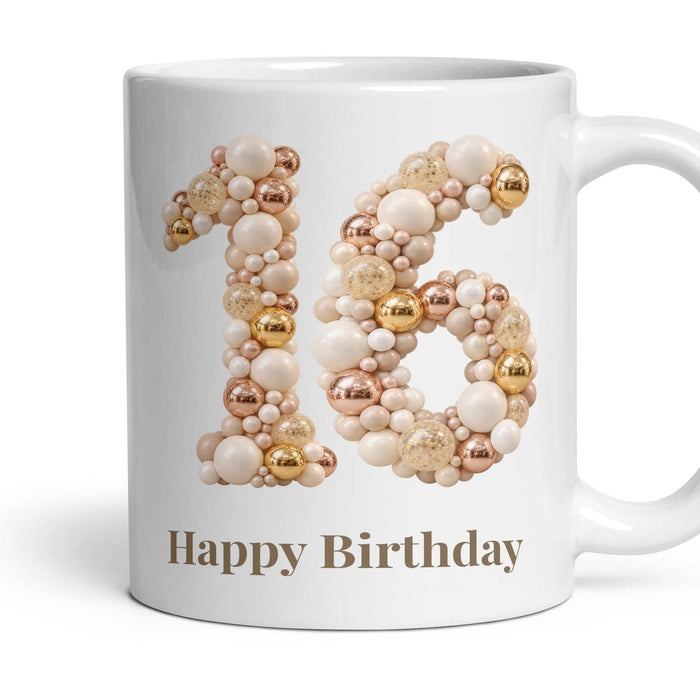 Chrome & Ivory Balloon Birthday Mug mug, 11oz white ceramic, 16th, handle right