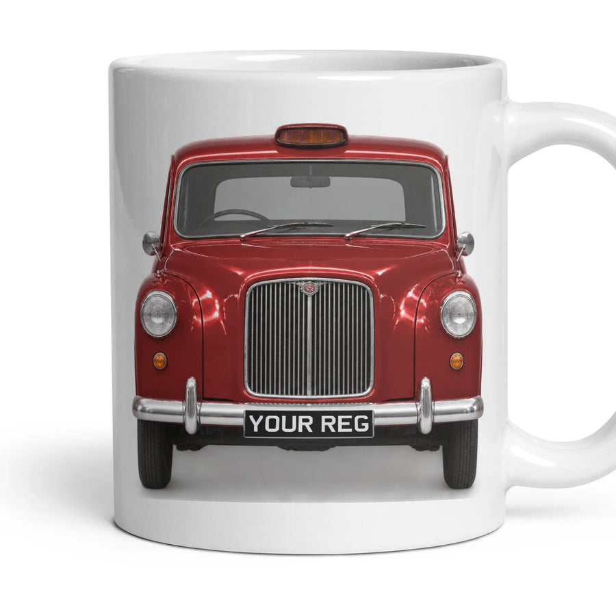 London Taxi FX4 Personalised Number Plate Mug - Carmine Red - Front & Rear mug, 11oz white ceramic, Carmine Red, handle right