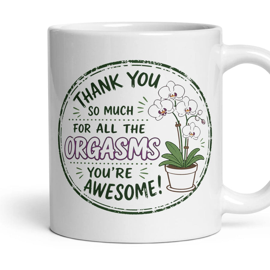 THANK YOU SO MUCH FOR ALL THE ORGASMS YOU'RE AWESOME! mug, 11oz white ceramic, handle right
